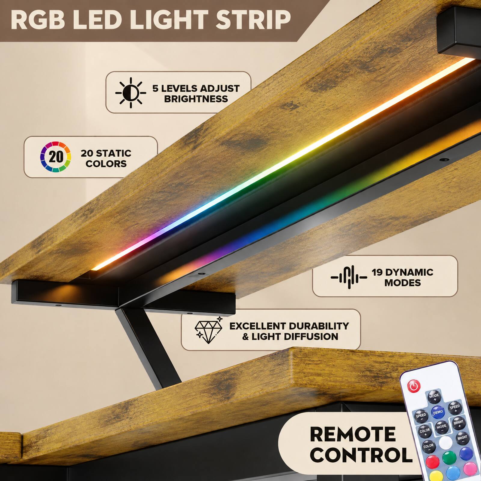 RGB LED LIGHT STRIP

- 5 LEVELS ADJUST BRIGHTNESS
- 20 STATIC COLORS
- 19 DYNAMIC MODES
- EXCELLENT DURABILITY & LIGHT DIFFUSION
- REMOTE CONTROL