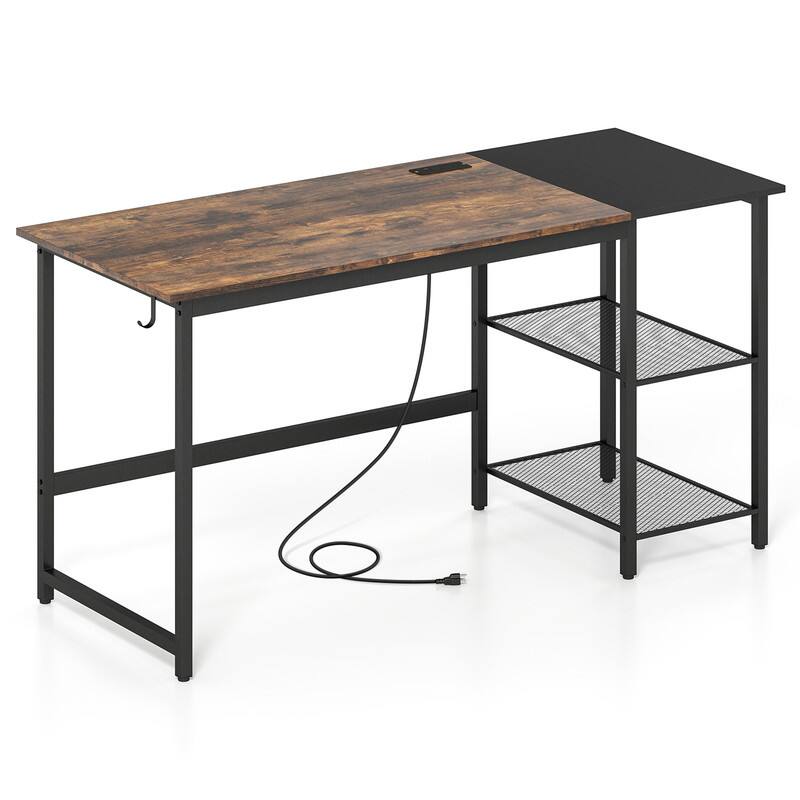 Alt View 4. WELLFOR - 59" Industrial Computer Desk with Storage Shelves & Charging Station, Home Office Desk Gaming Desk - Rustic Brown.