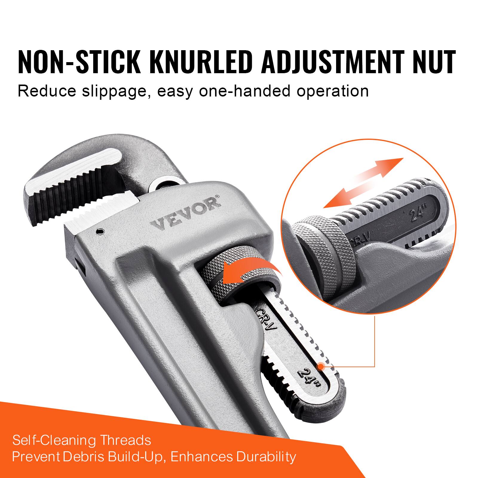 NON-STICK KNURLED ADJUSTMENT NUT  
Reduce slippage, easy one-handed operation  

Self-Cleaning Threads  
Prevent Debris Build-Up, Enhances Durability  

VEVOR  
CR-V  
24"