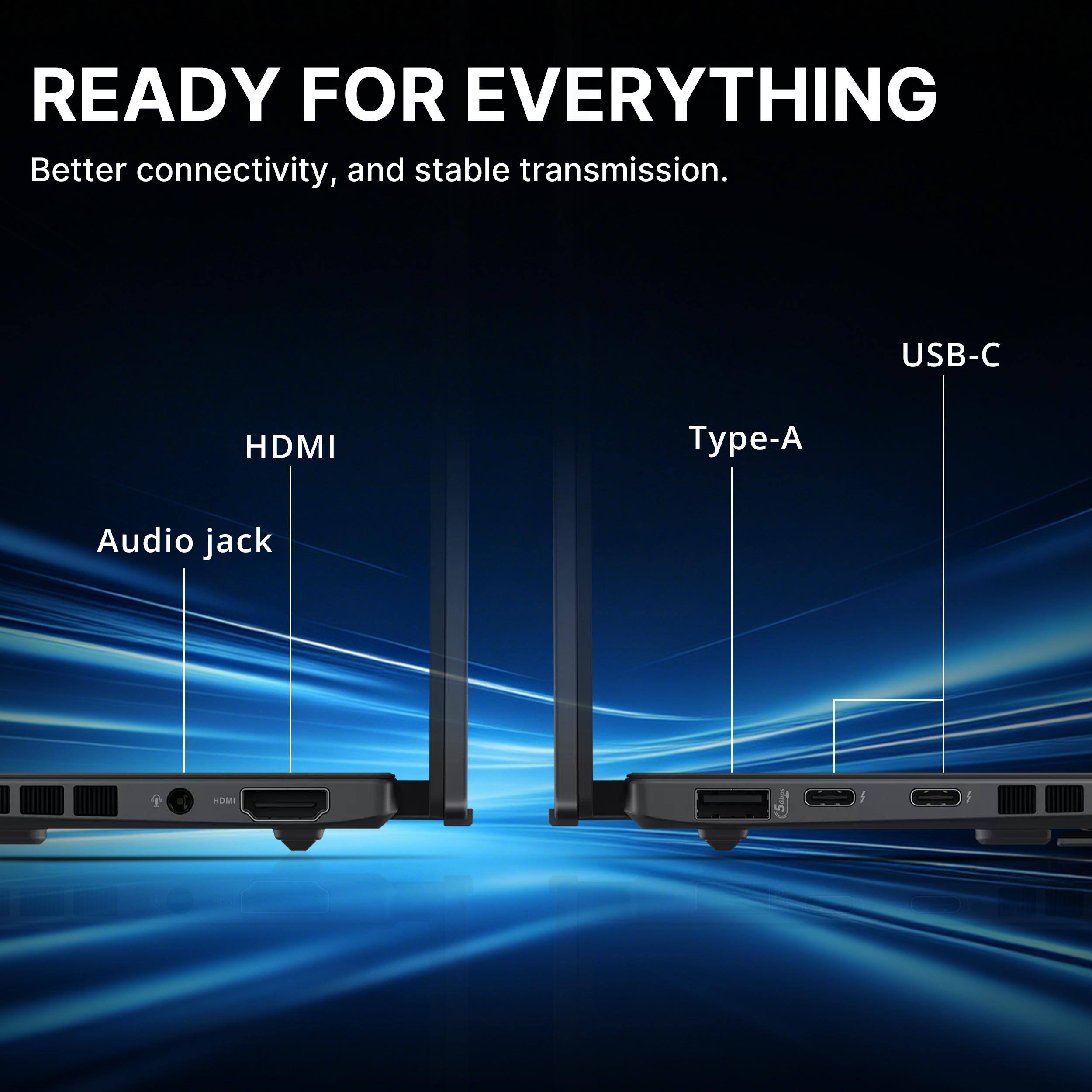 READY FOR EVERYTHING  
Better connectivity, and stable transmission.  
USB-C HDMI Type-A Audio jack