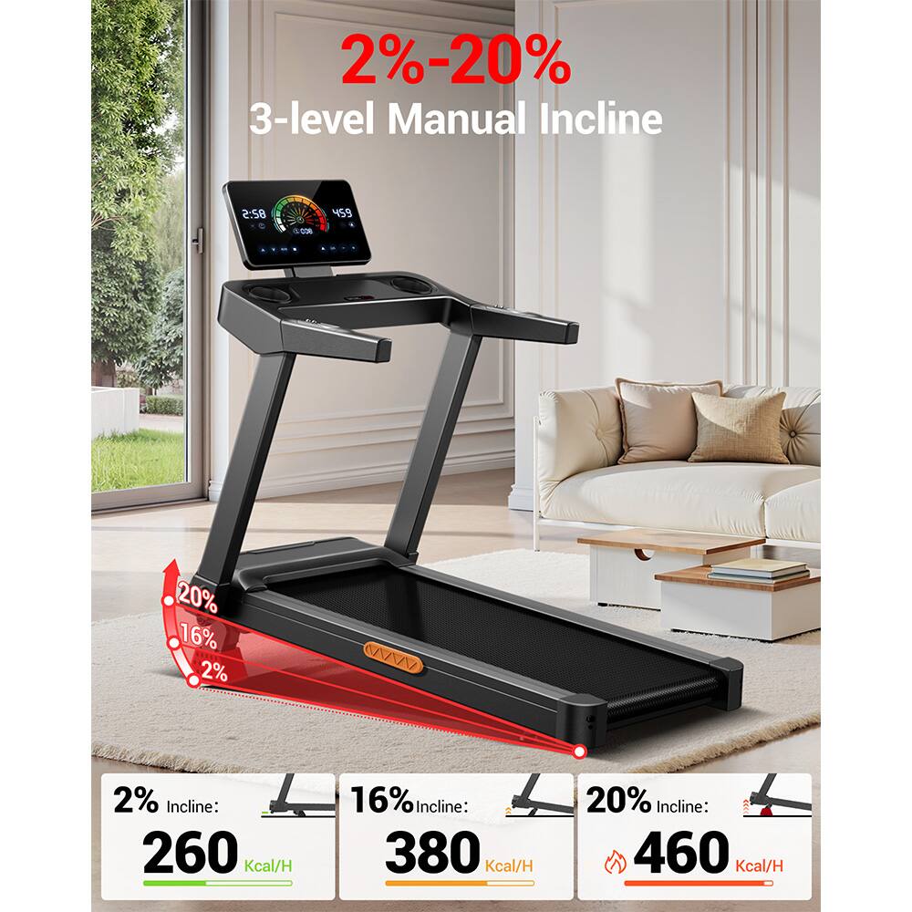 2%-20% 3-level Manual Incline

2:58 dO 459

2% Incline: 260 Kcal/H  
16% Incline: 380 Kcal/H  
20% Incline: 460 Kcal/H