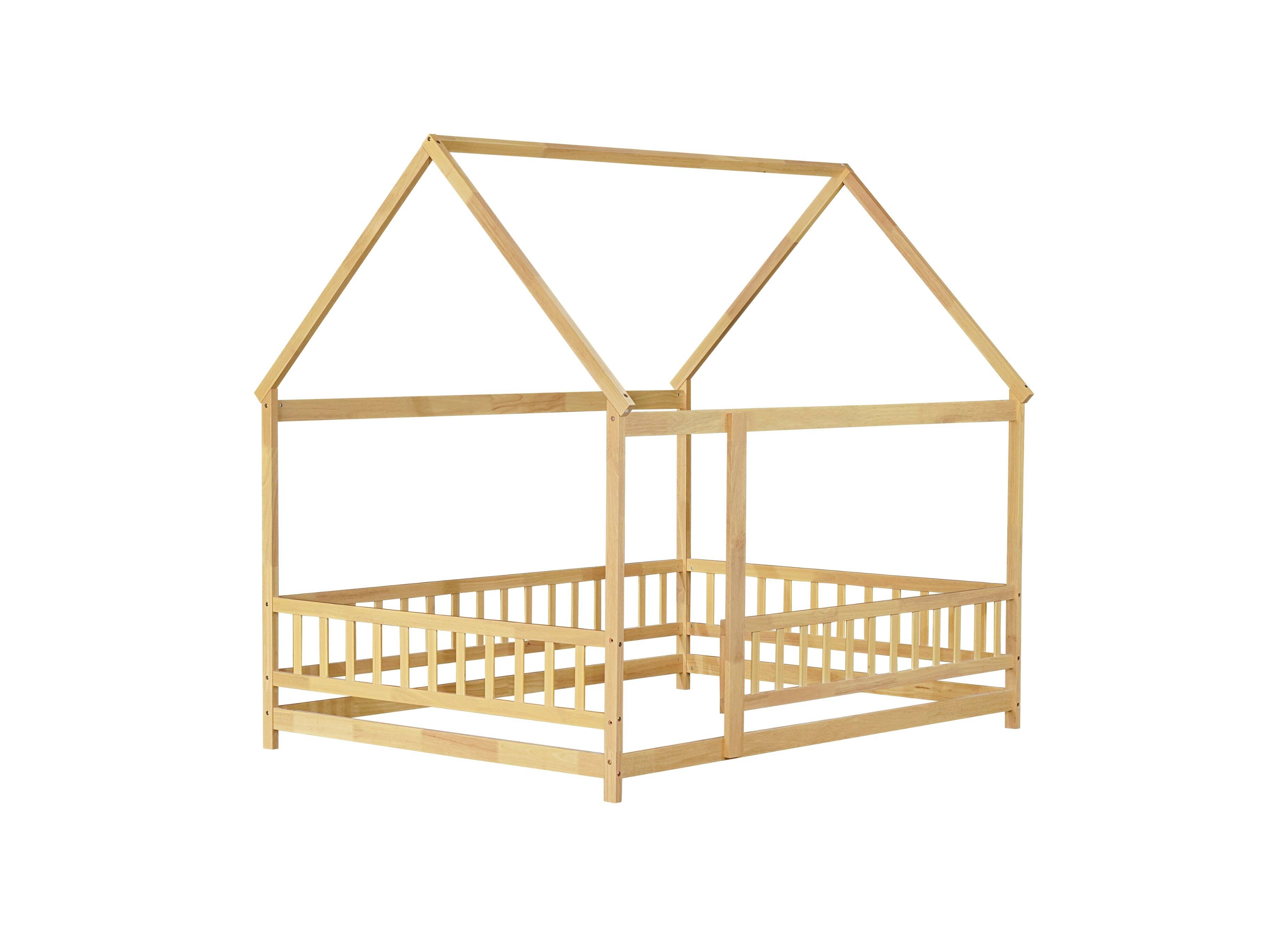 Alt View 5. Tiramisubest - Full Size House Floor Wooden Bed with Roof Frame, Safety Guardrails,Natural - Natural.