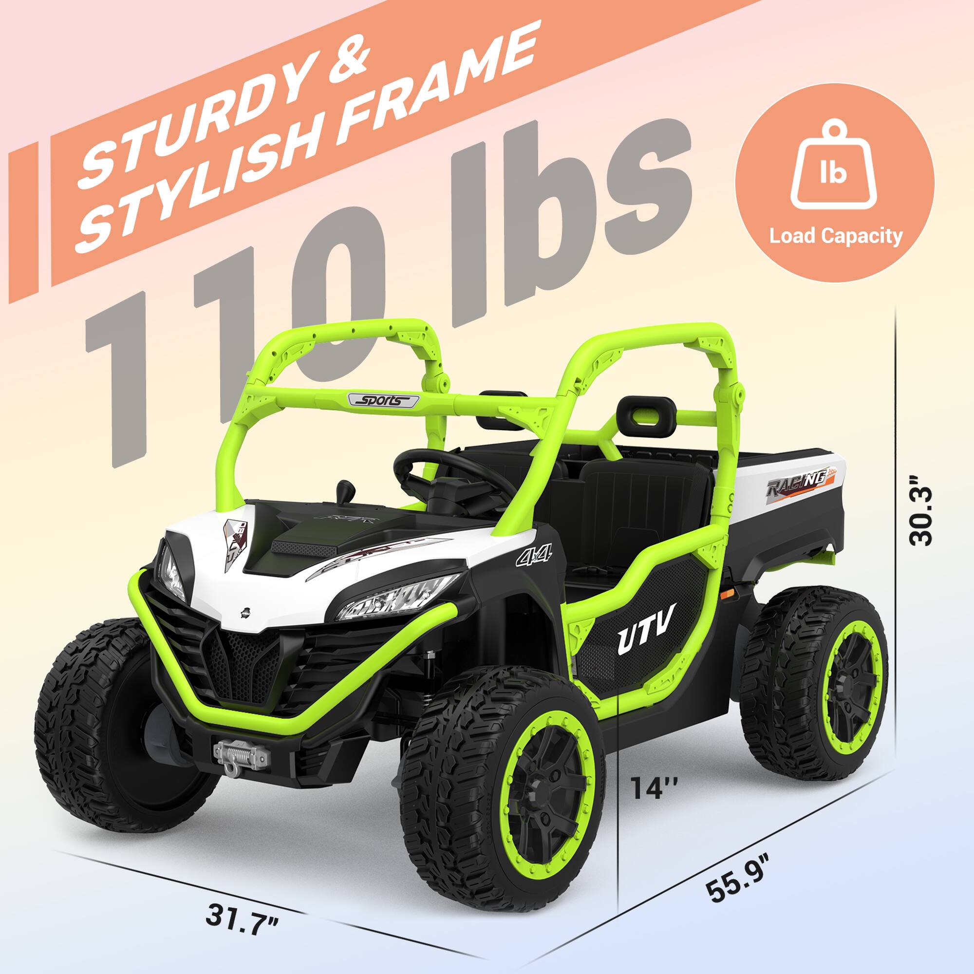 FRAME & STURDY 110 lbs Load Capacity lb 110 sports RAGING 30.3" 44 UTV  
31.7"  
14" 55.9"