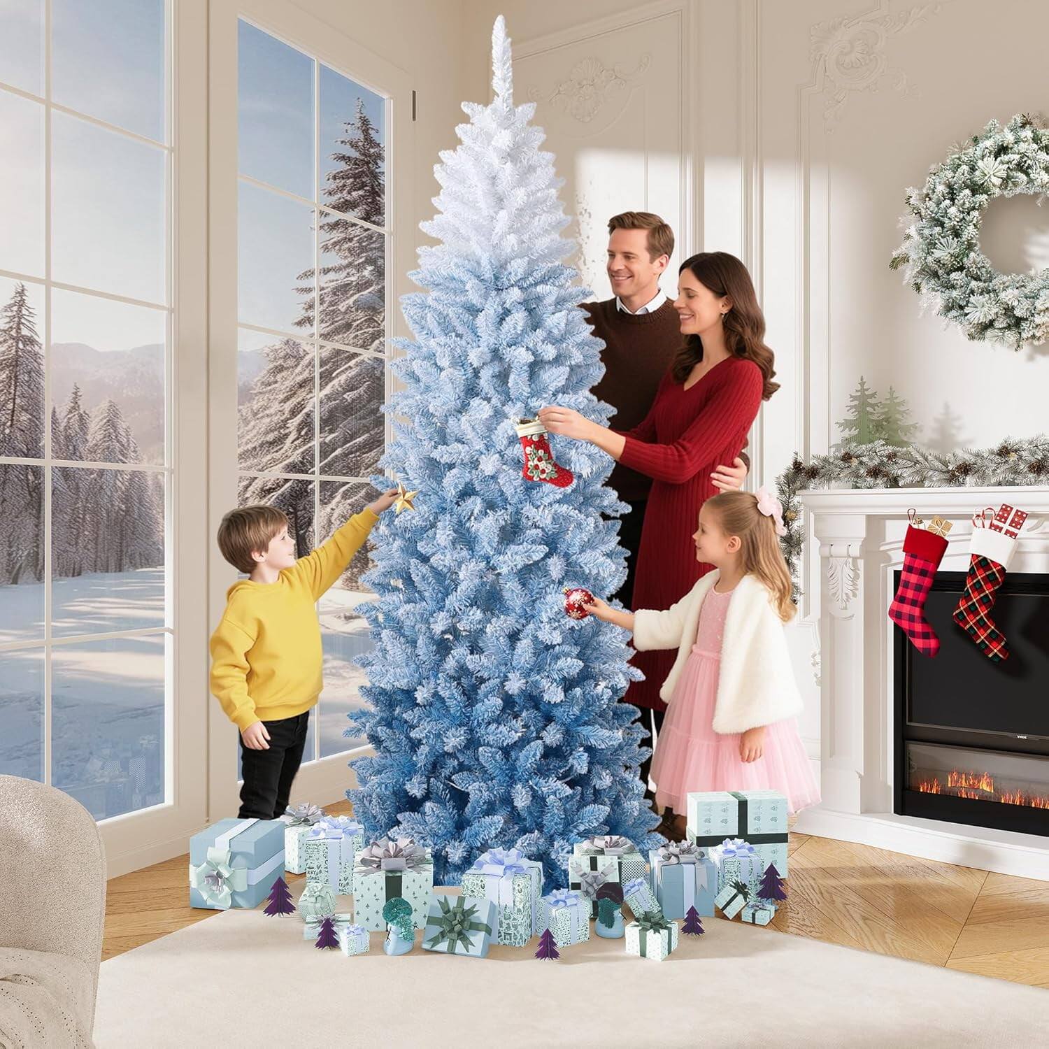 Alt View 1. Qeetex - 7.5ft Pencil Christmas Tree, Slim Flocked Artificial Tree for Christmas Decorations - White Blue 7.5ft.
