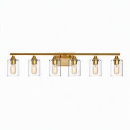RYHNUYNE - 6-Light Brushed Gold Farmhouse Vanity Light with Clear Glass Shades, Damp-Proof Iron Frame, Reversible Mount