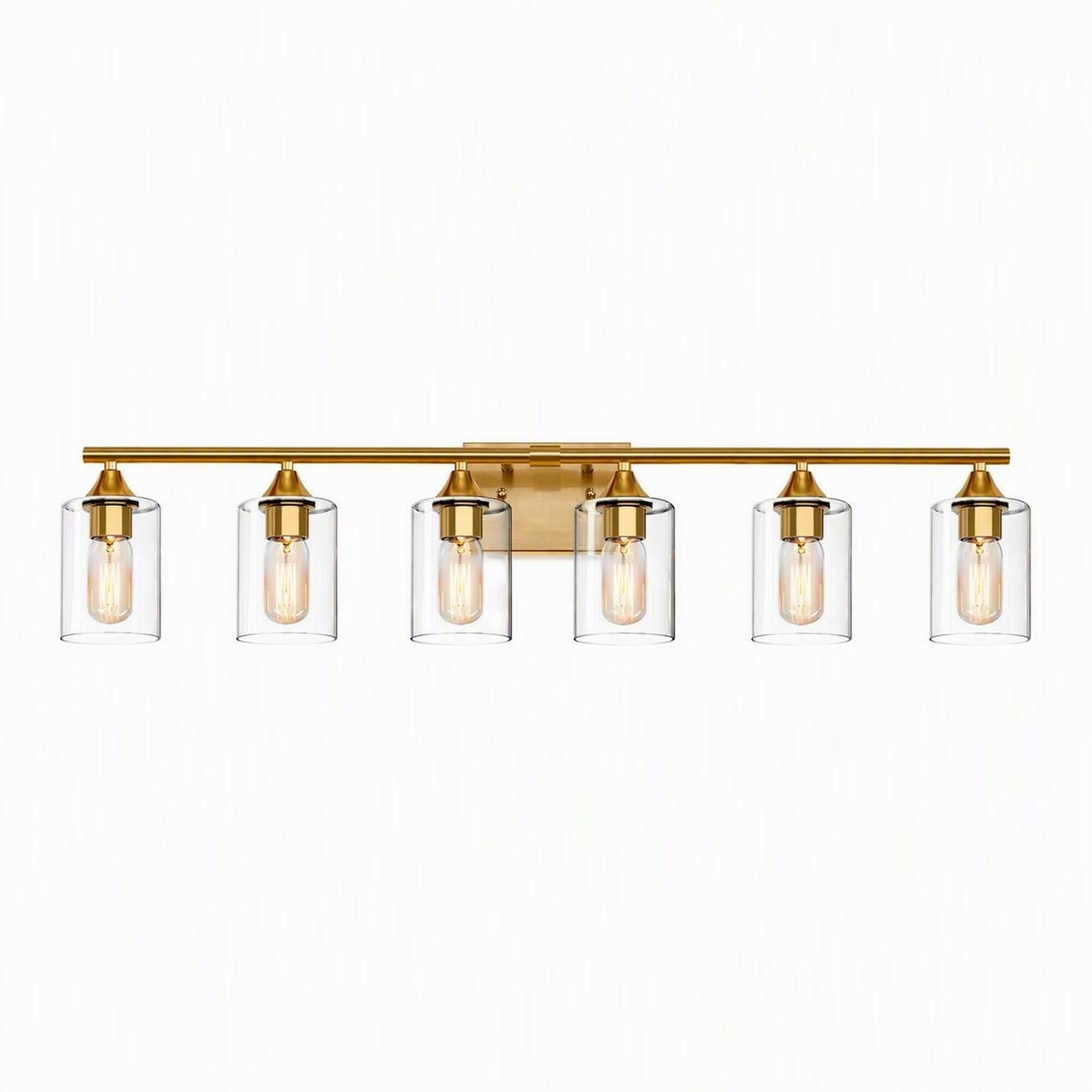 Front. RYHNUYNE - 6-Light Brushed Gold Farmhouse Vanity Light with Clear Glass Shades, Damp-Proof Iron Frame, Reversible Mount.