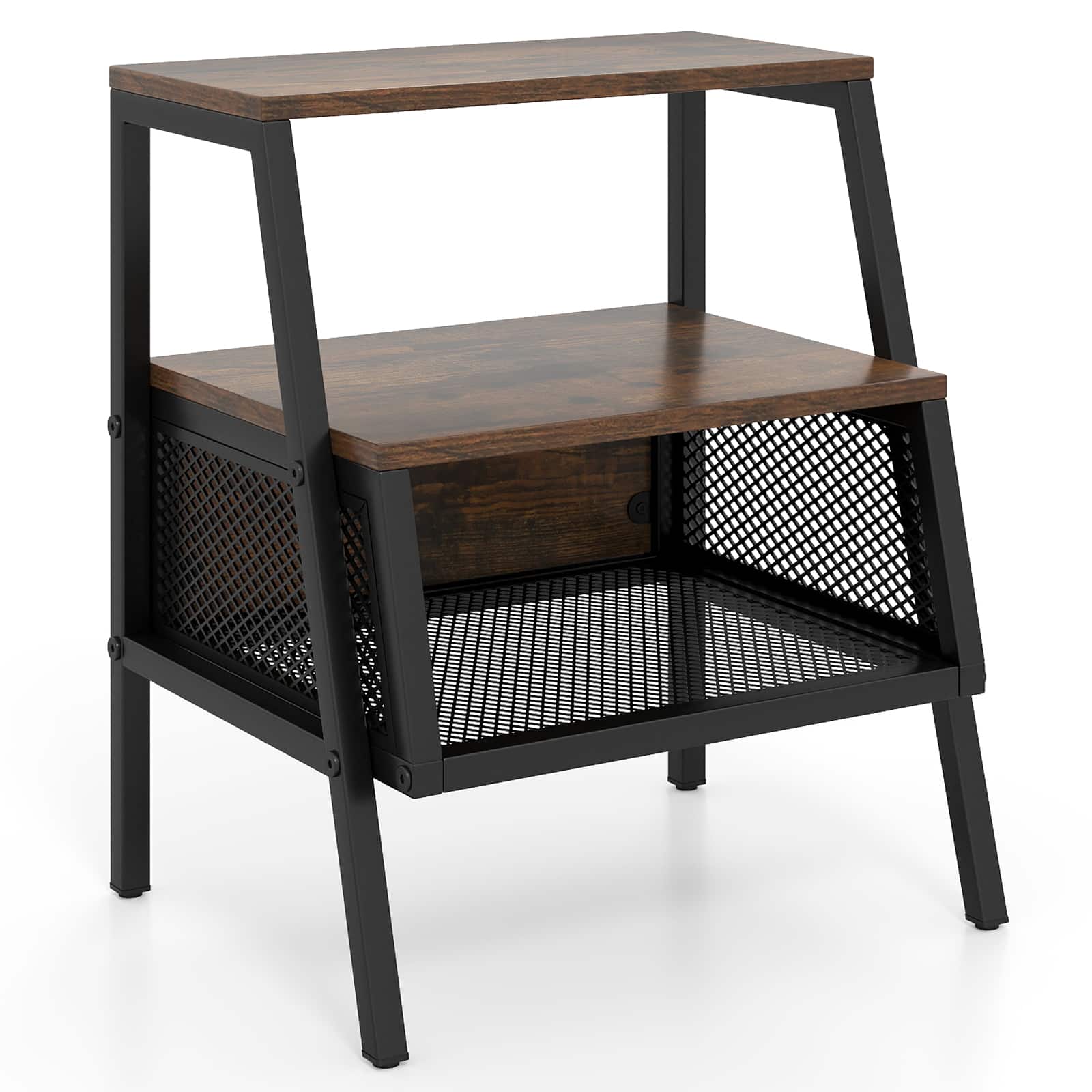 WELLFOR - 3-Tier Industrial Nightstand with 2 Open Shelves and Metal Mesh Compartment - Rustic Brown