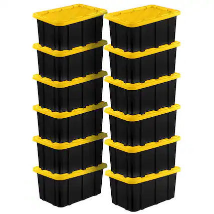 Front. Sterilite - Sterilite 17 Gallon Industrial Stackable Storage Tote Lidded Containers, 12 Pack - Yellow Lily, Black.