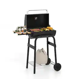 Costway - Barrel Charcoal Grill with Foldable Side Table Built-in Thermometer & Storage Shelf - Black
