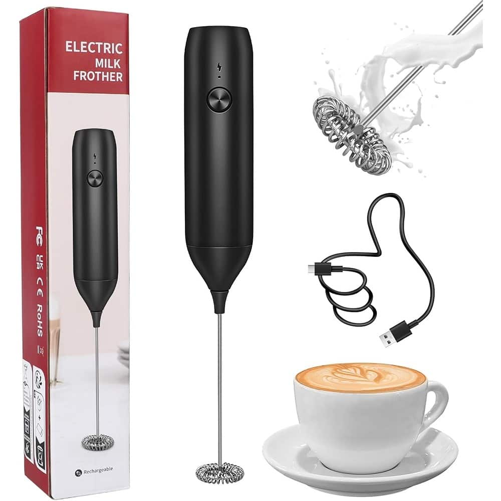 ACJPR - Handheld Rechargeable Milk Frother Wand and Electric Drink Mixer for Coffee, Lattes, Cappuccinos, Matcha, Hot Chocolate - Black