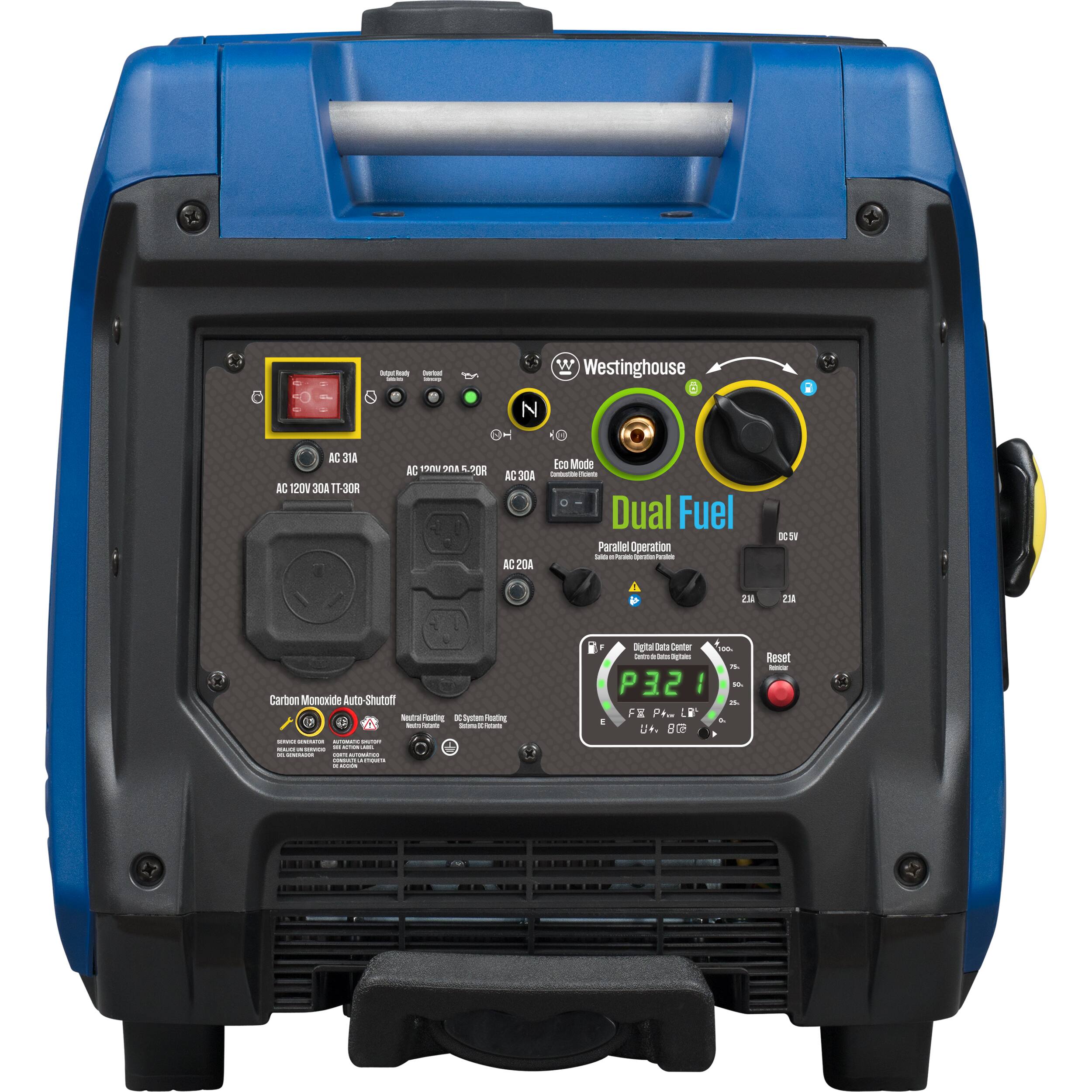 - Westinghouse
- AC 31A E 120V 304 11 30R AC MnC te38 20R KC 3 IC 204 Ece Mode
- Dual Fuel Parallel Operation
- Carbon Monoxide Auto Shutoff
- Digital Data Center
- P321 FX P4.. LN U+. 82
- AL
- Reset