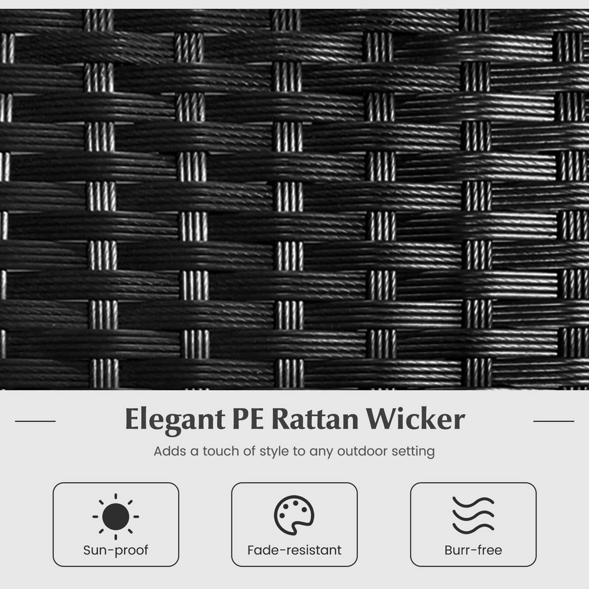 Elegant PE Rattan Wicker adds a touch of style to any outdoor setting. It is sun-proof, fade-resistant, and burr-free.