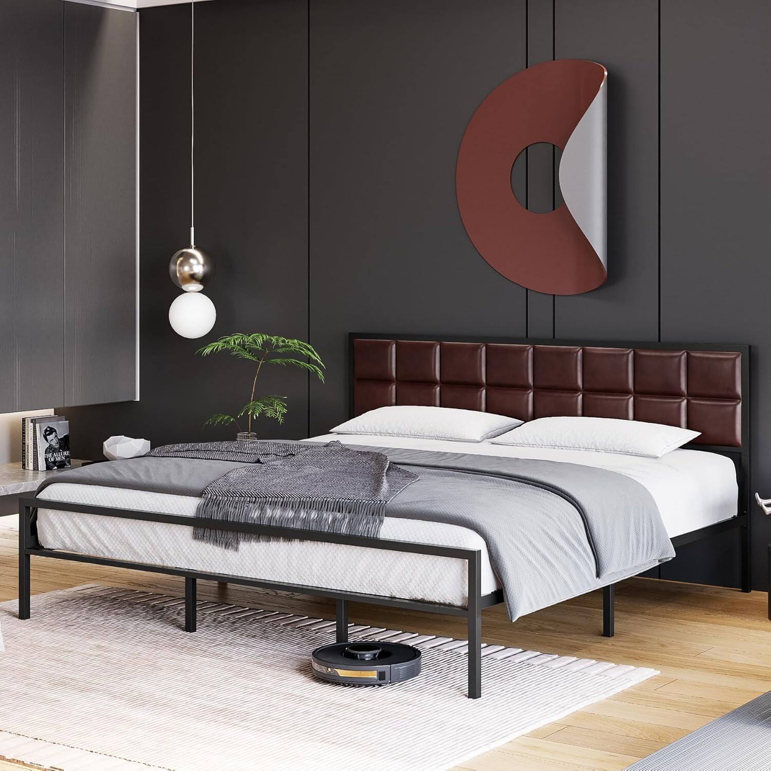 Left. Qeetex - Full Metal Platform Bed - Faux Leather Headboard, Strong Slats, Under-Bed Storage, No Box Spring - Red Brown Full.