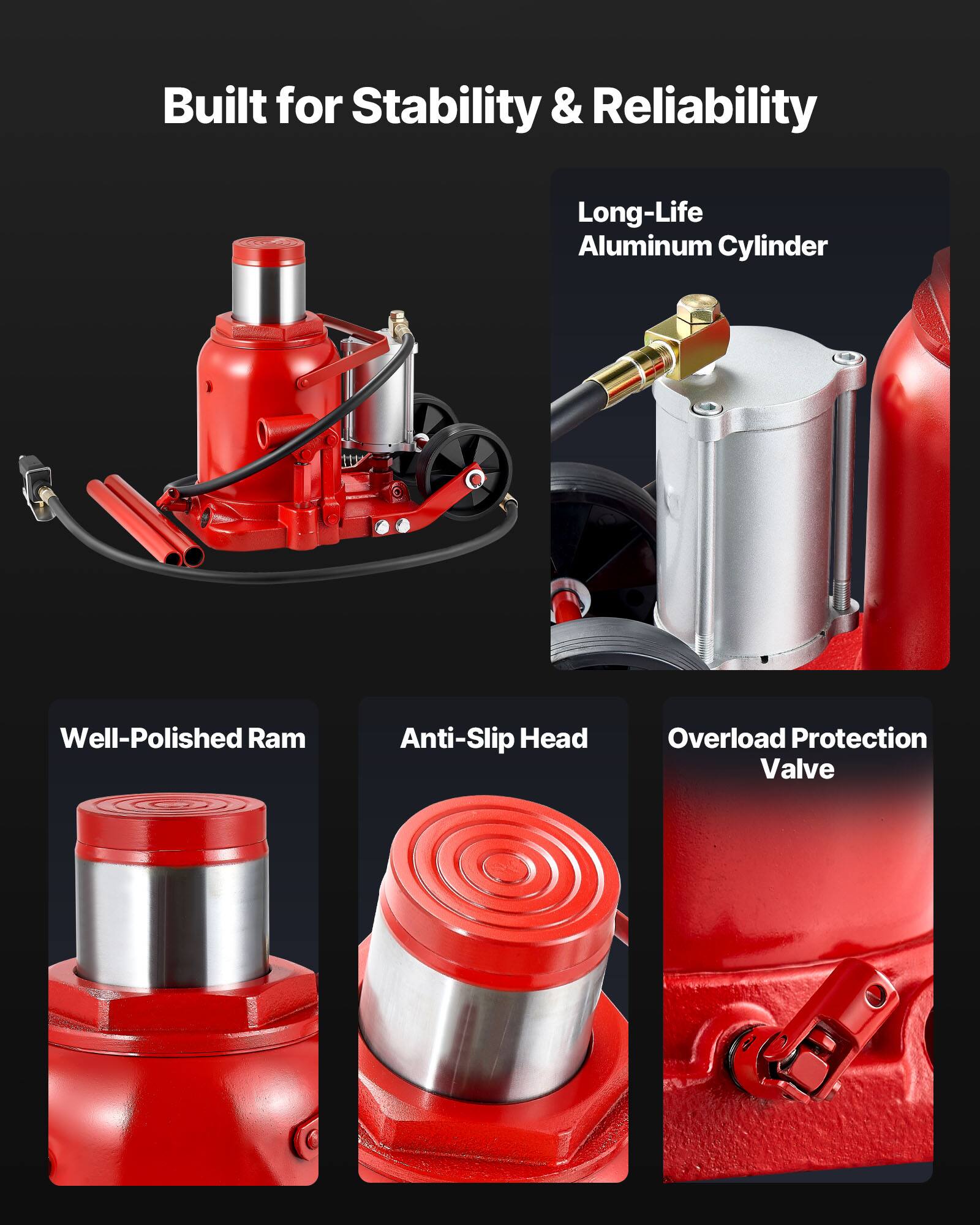Built for Stability & Reliability

- Long-Life Aluminum Cylinder
- Well-Polished Ram
- Anti-Slip Head
- Overload Protection Valve
