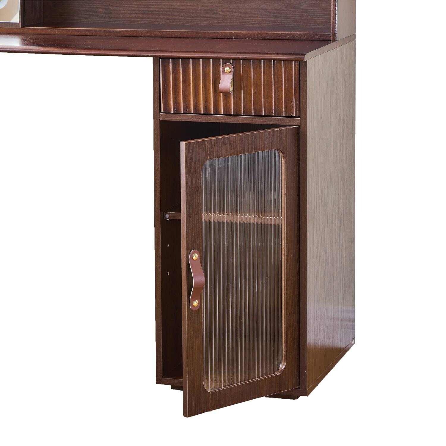 Back. Lirago - Walnut Makeup Vanity Desk with Mirror Wood Dressing Table with Storage Shelves and Drawer 17.7"Dx47.2"Wx49.6"H - Brown.