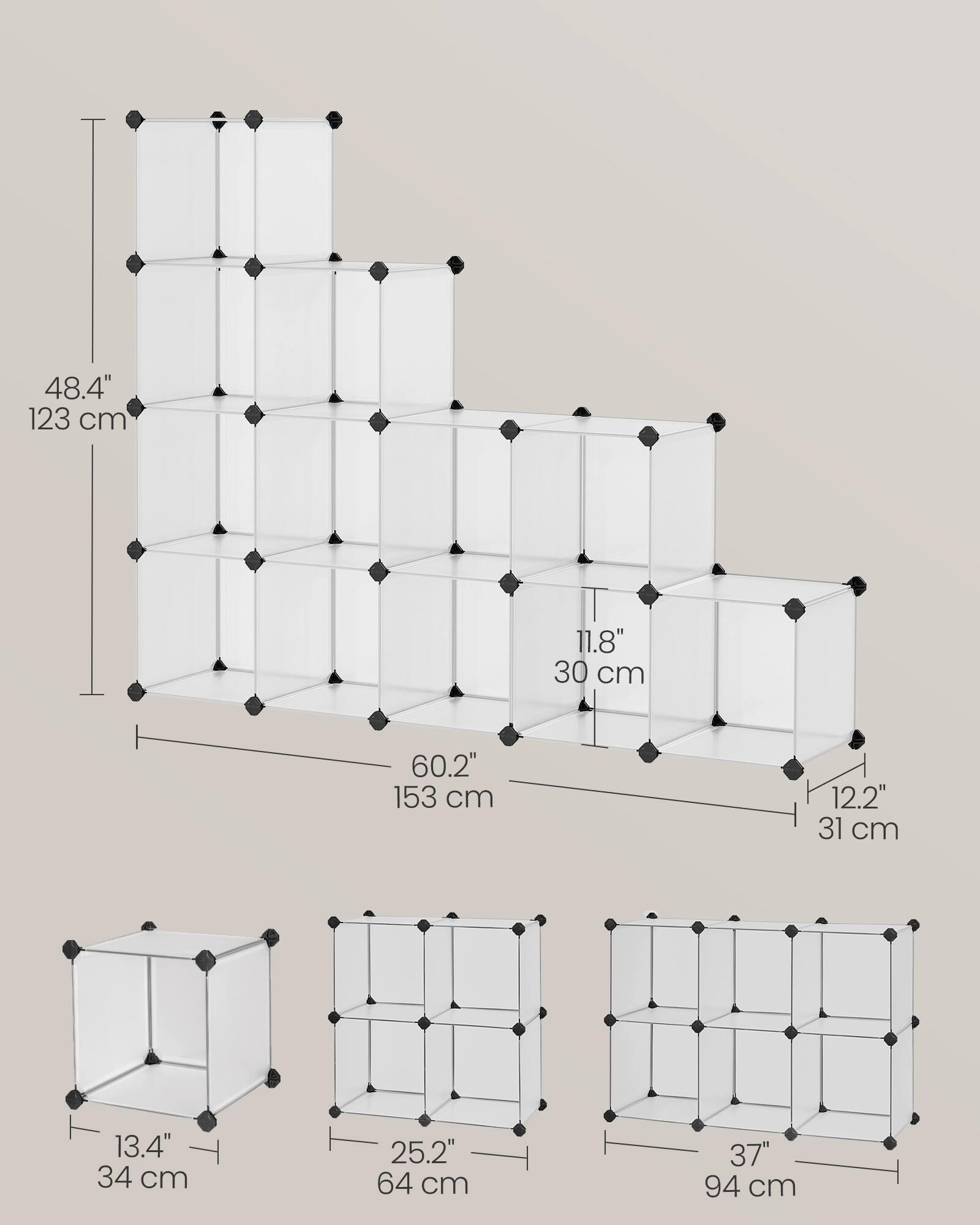 48.4" 123 cm  
11.8" 30 cm  
60.2" 153 cm  
12.2" 31 cm  
13.4" 34 cm  
25.2" 64 cm  
37" 94 cm