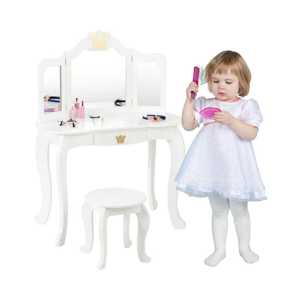 Alt View 4. Kadyn - Kids Makeup Dressing Table with Tri-folding Mirror and Stool-White, Kids Makeup Vanity for Girls Kids - White.