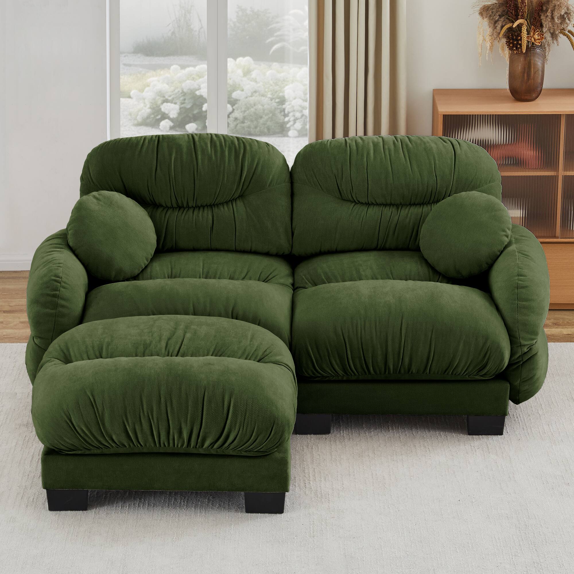 Left. Anysun - L Shape Sectional Couch with Ottoman, Chenille Fabric, High-Density Foam & Curved Armrests for Living Room - Green.