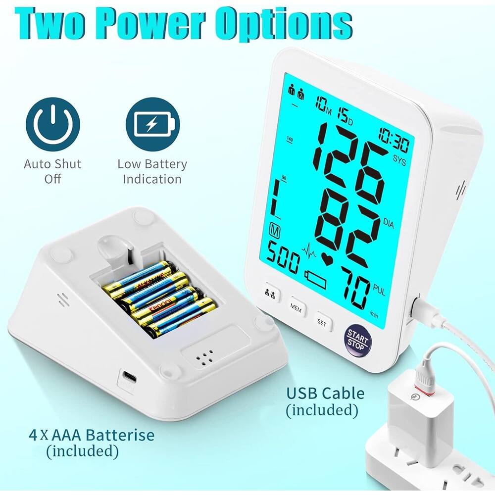 Two Power Options

Auto Shut Off  
Low Battery Indication

4X AAA Batteries (included)  
USB Cable (included)

126 SYS  
83 DIA  
70 PUL  
10:30  
500 MEM  
10M 15D  
M