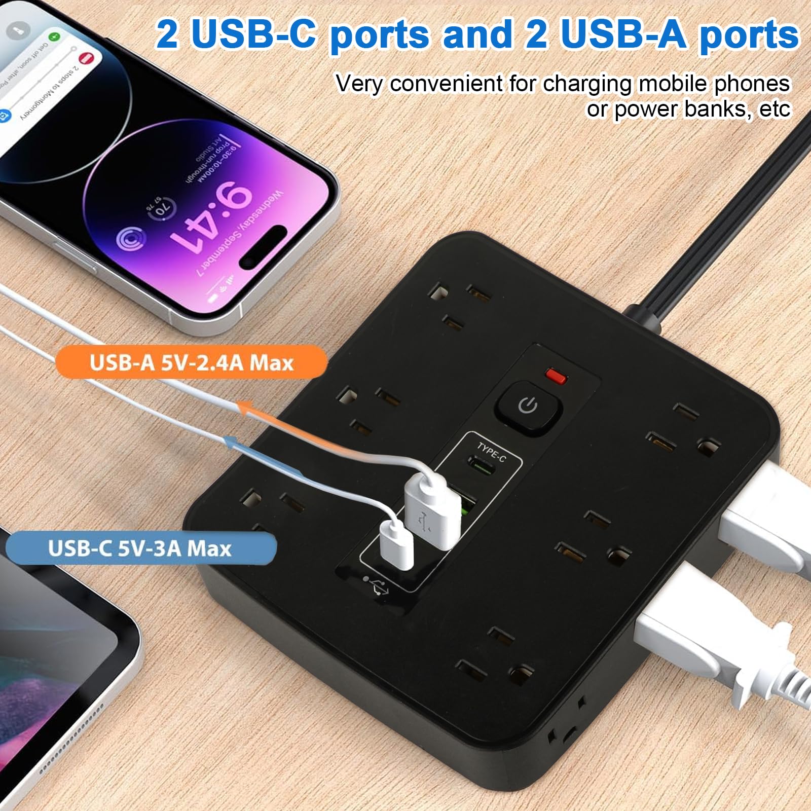 2 USB-C ports and 2 USB-A ports  
Very convenient for charging mobile phones or power banks, etc  

USB-A 5V-2.4A Max  
USB-C 5V-3A Max