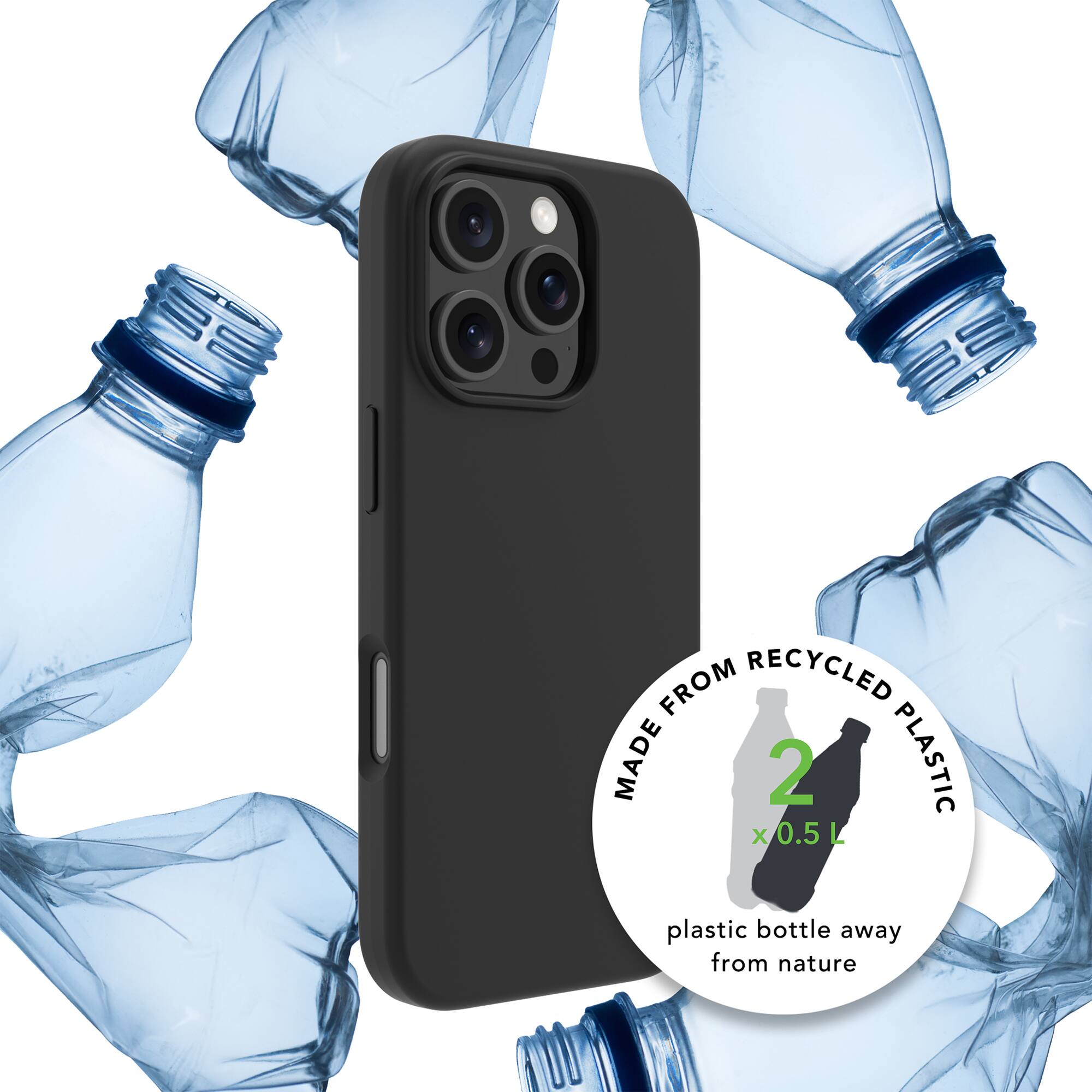 The text on the image reads: "Made from recycled plastic. 2 plastic bottles away from nature."