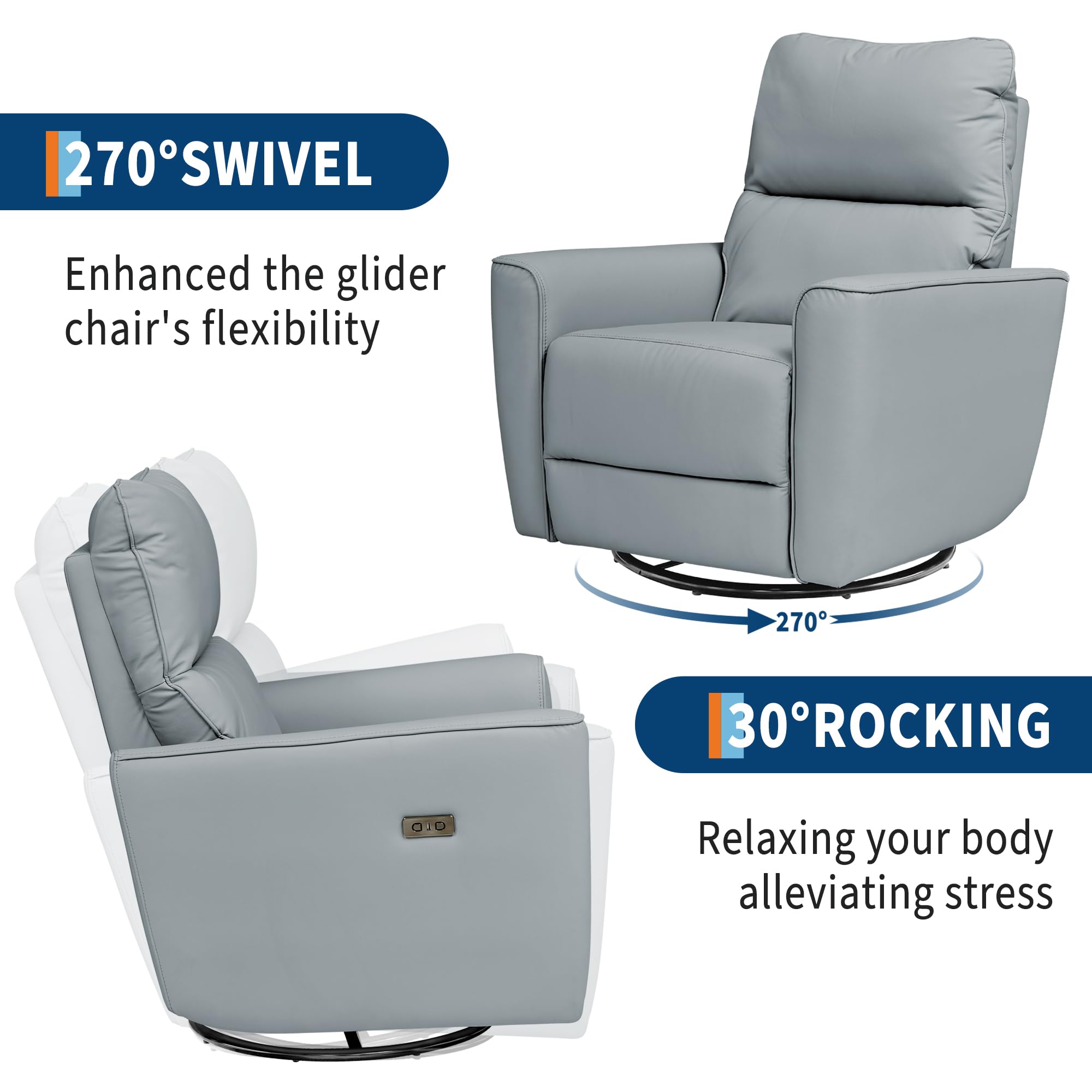 270° SWIVEL  
Enhanced the glider chair's flexibility  

30° ROCKING  
Relaxing your body alleviating stress