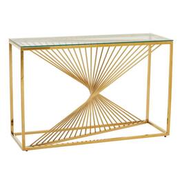 Manhattan Lane - Glen 47 Inch Sofa Console Table, Tempered Glass Top, Twisted Slatted Design - Gold