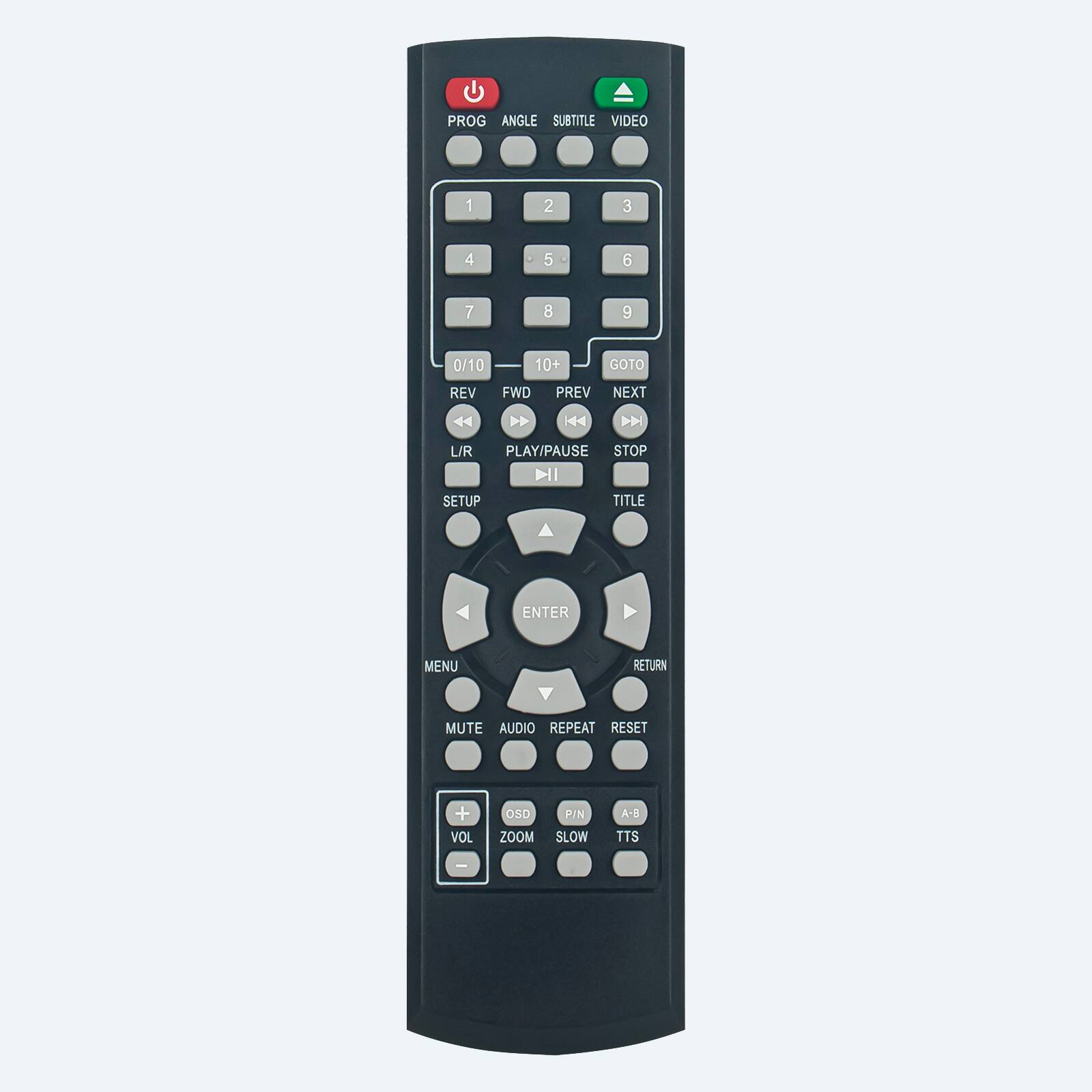 PROG ANGLE SUBTITLE VIDEO 1 2 3 4 5 - 6 7 8 9 0/10 10+ GOTO REV FWD PREV NEXT >> H P L/R PLAY/PAUSE STOP NII SETUP TITLE ENTER MENU RETURN MUTE AUDIO REPEAT RESET + VOL OSD ZOOM PIN SLOW AB TTS