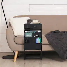 Oumilen - Set of 2 C-Shaped Side Tables with Charging Station, Water Grain Wood End Tables with Fabric Pockets - Black