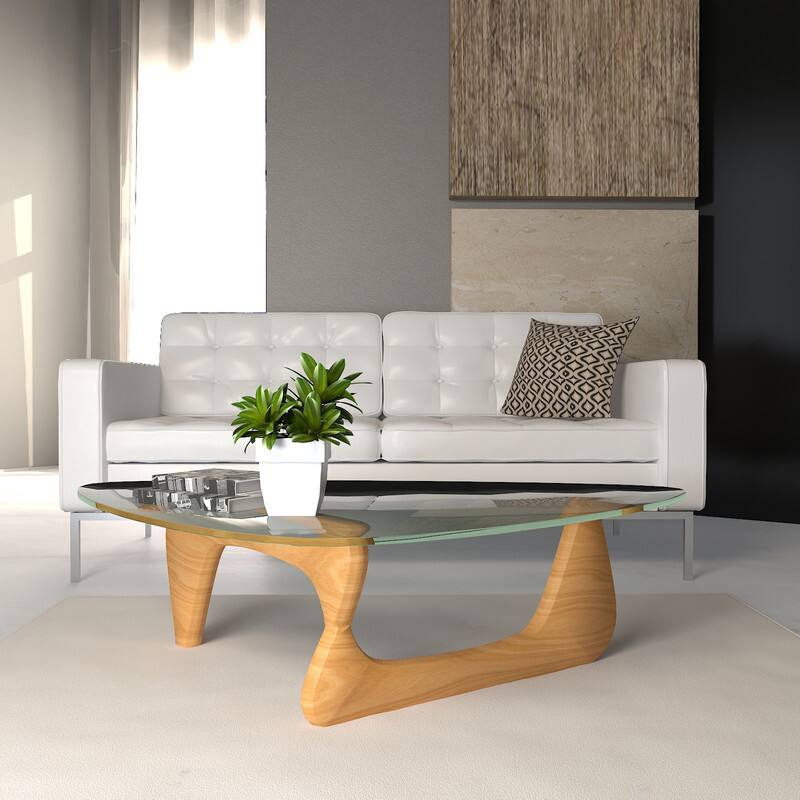 Angle. LeisureMod - Imperial Modern Triangular Tempered Glass Coffee Table with Cross-Brace Wooden Base for Home & Living Room - Natural Wood.