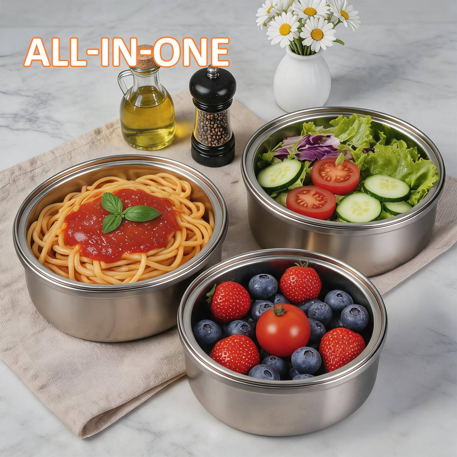 Alt View 2. KOOMADE - KOOMADE 304 Stainless Steel Divided Insulated Bento Box, Leakproof Lunch Box 4H Warm 8H Cold Container with Thermal Bag - Silver Lunch Box with Black Lid.
