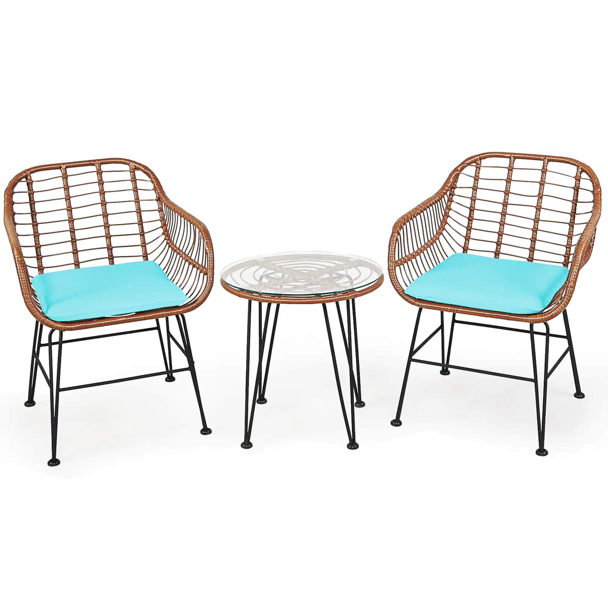 Alt View 1. Gymax - Gymax 3PCS Rattan Patio Conversation Set Bistro Chat Set w/ Turquoise Cushions - Turquoise.