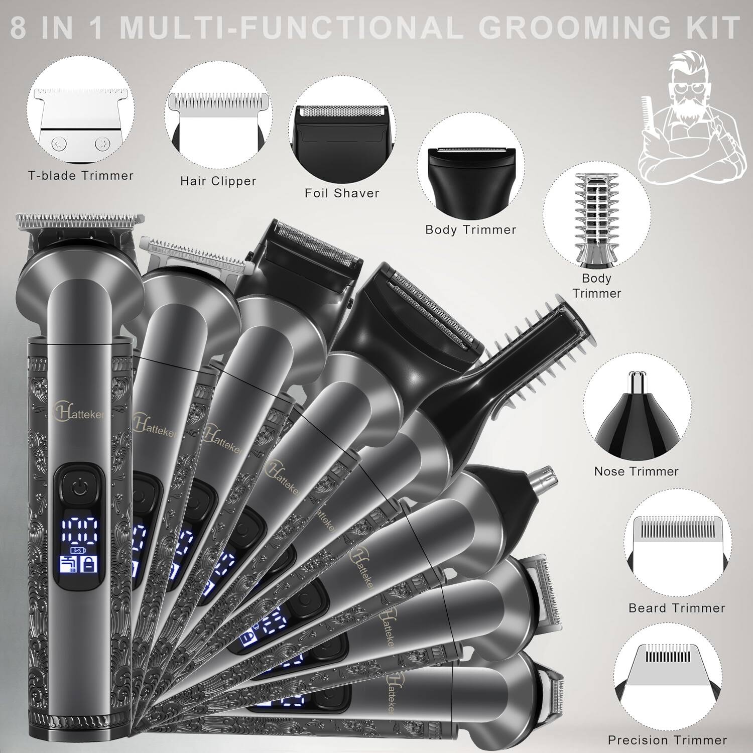 HATTEKER 8 in 1 Men's Grooming Kit, Hair & Beard Trimmer, T Blade, Body ...