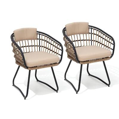 Front. Crestlive Products - Crestlive Products Set of 2 Brown Metal Frame Stationary Dining Chair Beige PE Rattan Wicker Cushioned Seat - Beige-2PC.