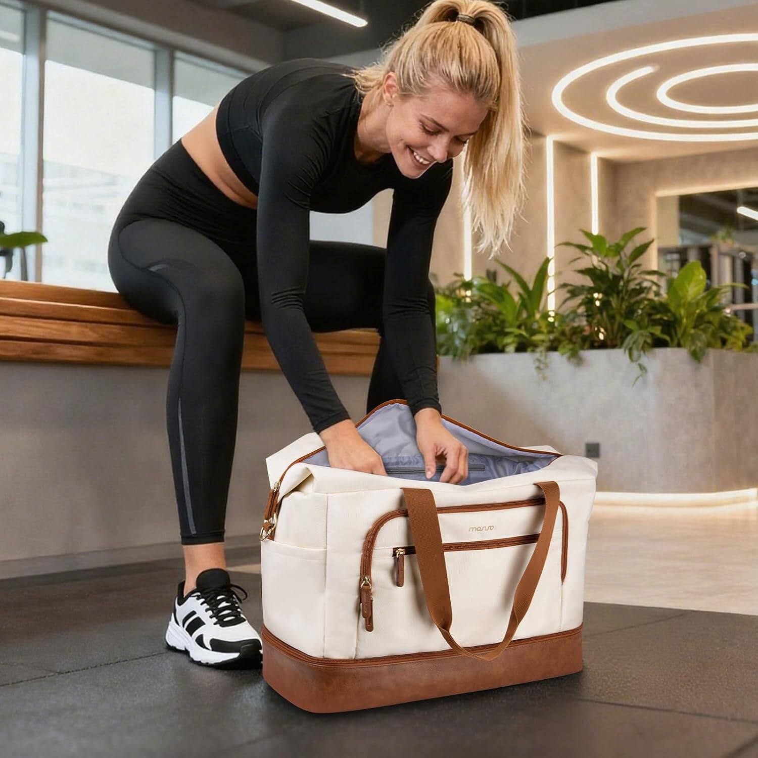 Angle. mosiso - Gym Duffle Bag for Women, Travel Weekender Carry-On with Toiletry Pouch, Shoe Compartment for Fitness Yoga Weekend - Beige.