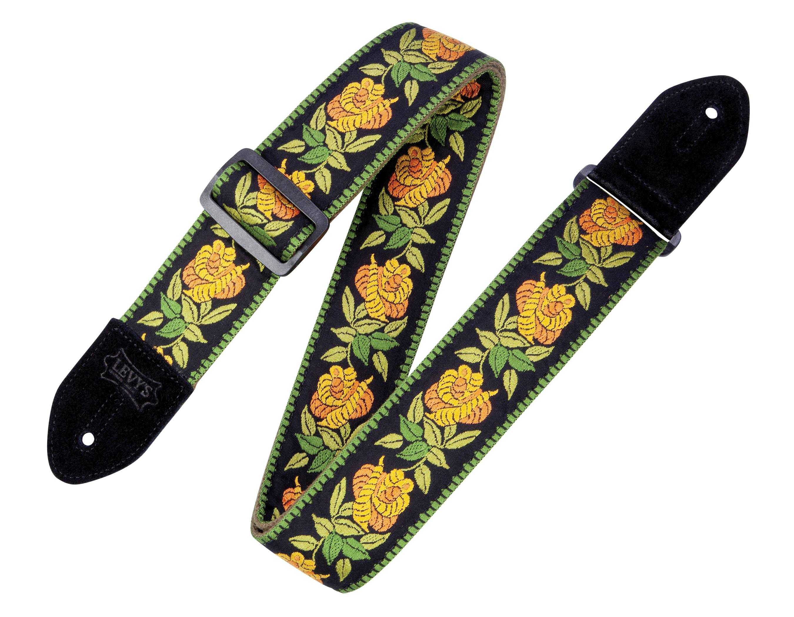 Front. Levy's Leathers - Woven Cotton Guitar Strap, Print Series - 2 inch. Wide - Yellow Rosa.