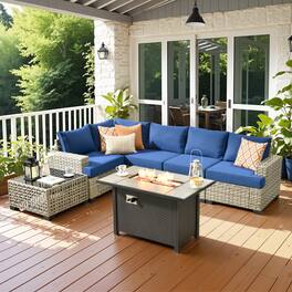 Ovios - 7 PCS Patio Sectional Furniture with 42" Fire Pit Table Rattan Wicker Coversation Couch Set - Denim Blue