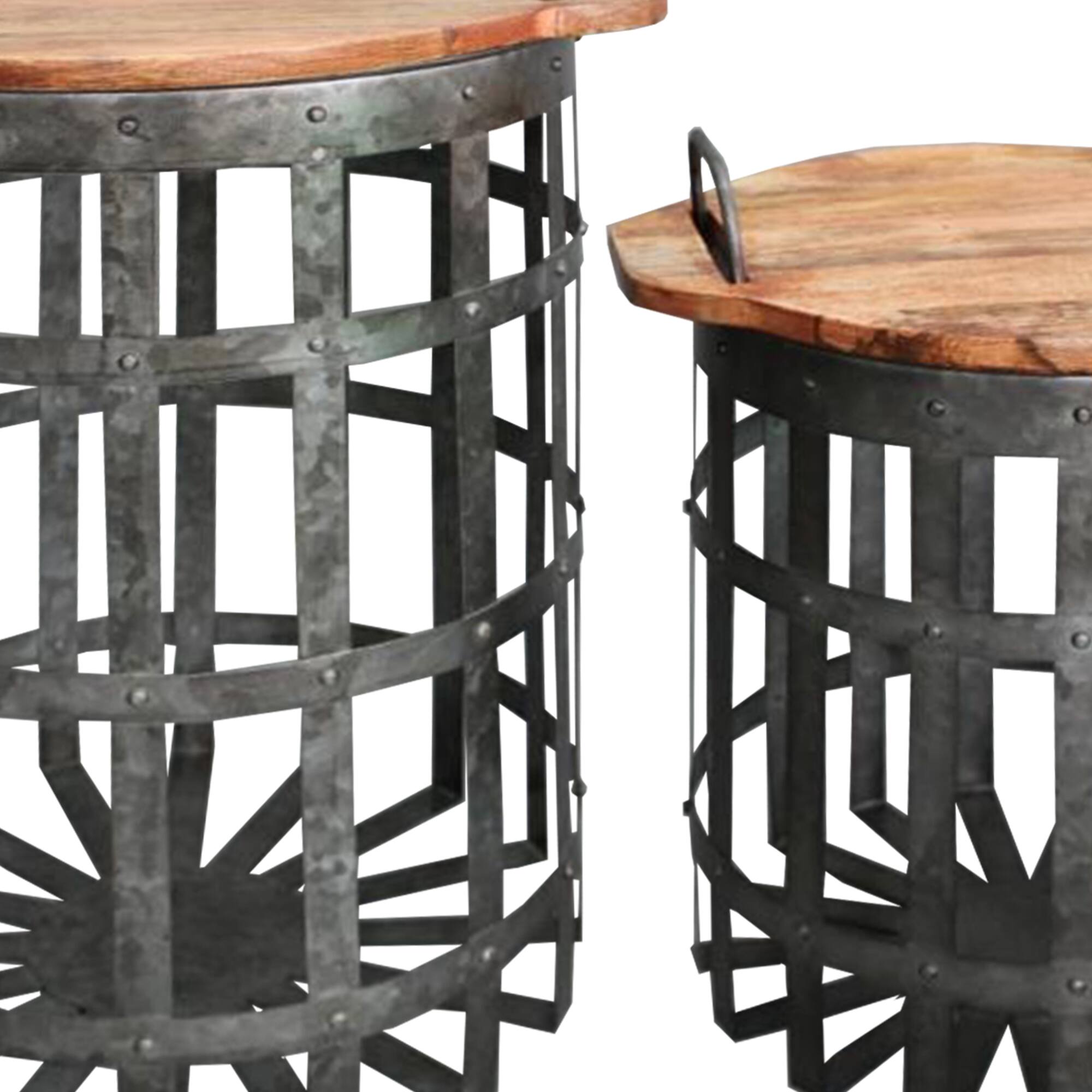 Alt View 3. Manhattan Lane - Industrial Grid Galvanized Accent End Table with Round Lid and Handles, Set of 2 - Gray and Brown.
