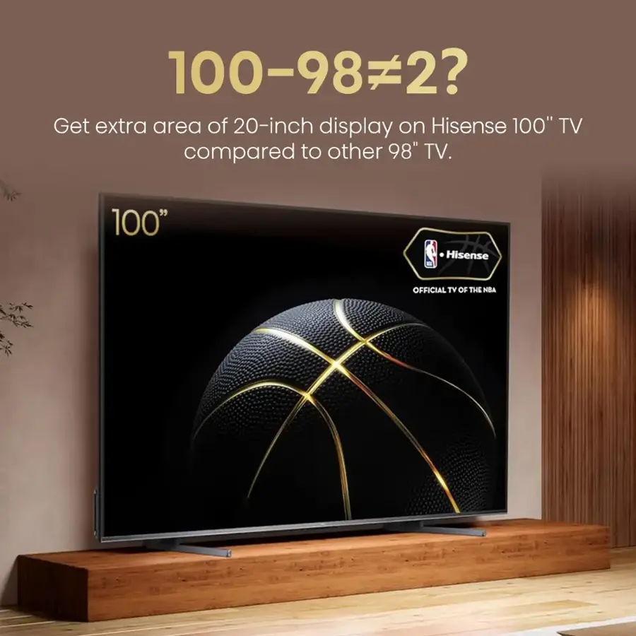 "Get extra area of 20-inch display on Hisense 100" TV compared to other 98" TV. 100" Hisense, the official TV of the NBA."