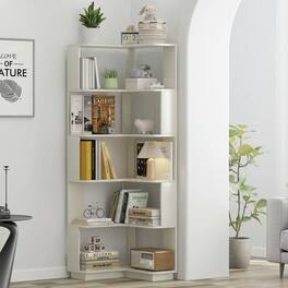 Kadyn - 6-Tier L-Shaped Corner Bookshelf, Wood Bookcase with Anti-Tip Device - White