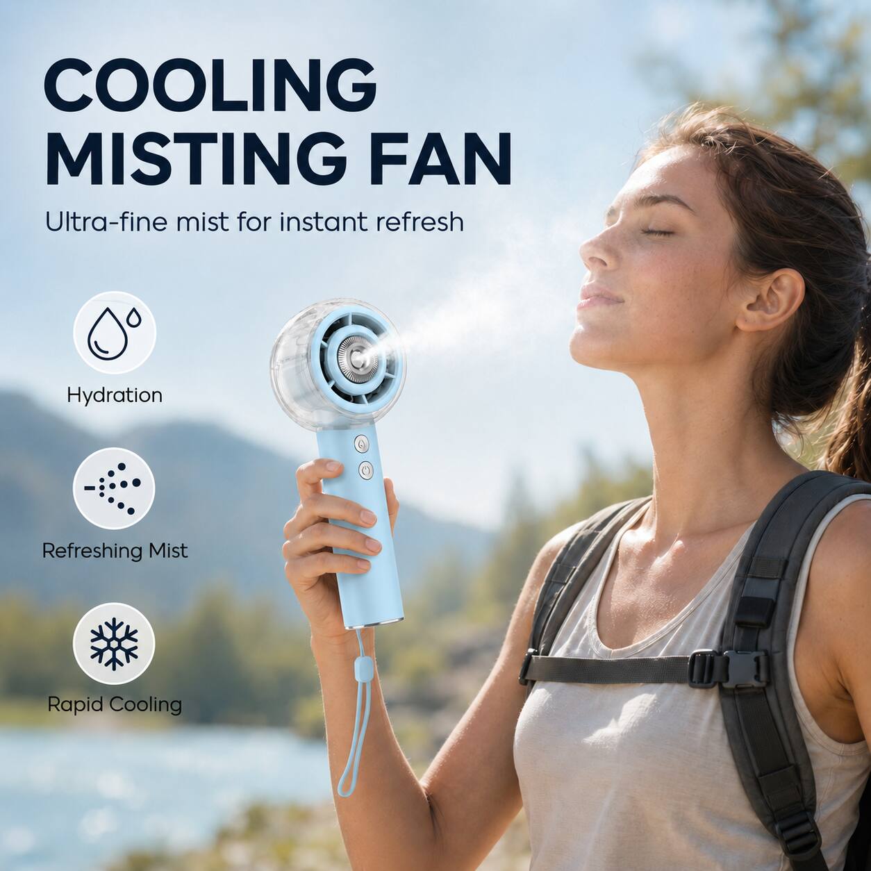 COOLING MISTING FAN  
Ultra-fine mist for instant refresh  
Hydration  
Refreshing Mist  
Rapid Cooling