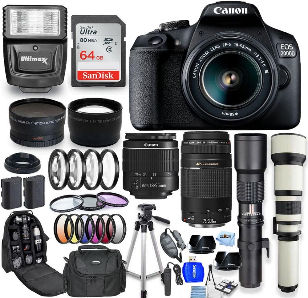 Canon - EOS 2000D / Rebel T7 18-55mm + 75-300mm + 500mm + 650-1300mm 64GB Bundle