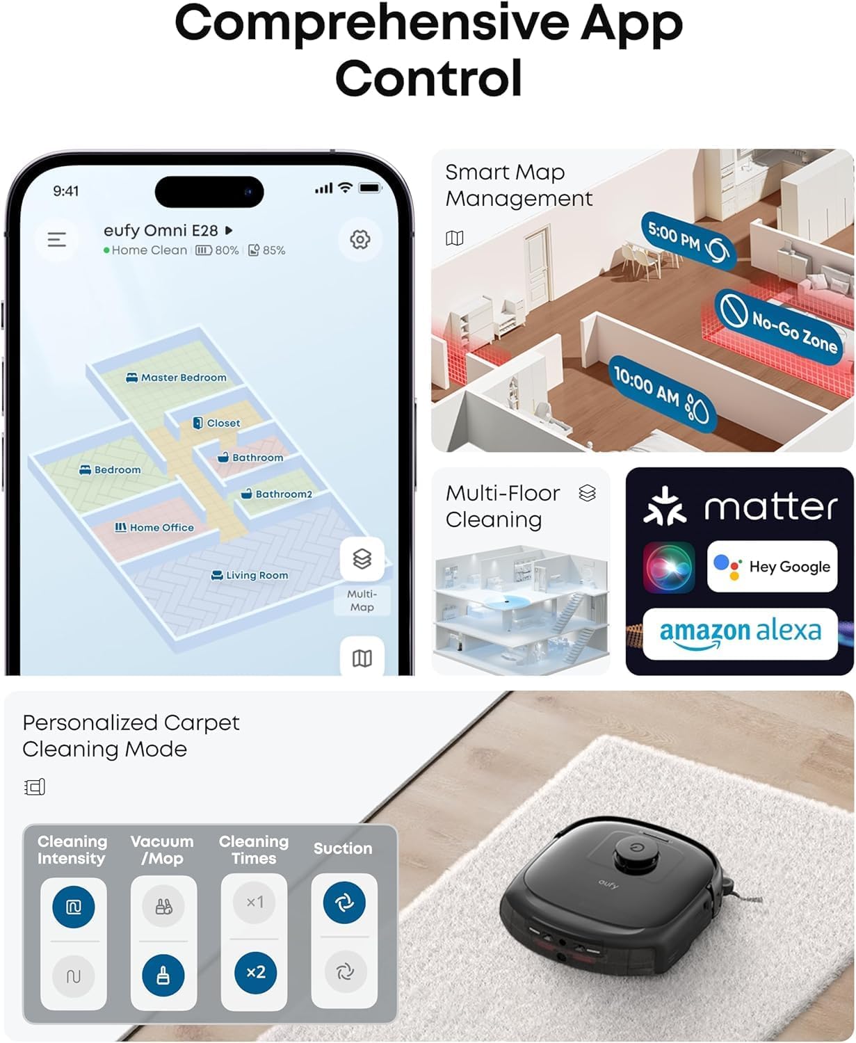 Comprehensive App Control

eufy Omni E28  
Home Clean  
80% 85%

Smart Map Management  
5:00 PM  
10:00 AM  
No-Go Zone

Multi-Floor Cleaning

Personalized Carpet Cleaning Mode  
Cleaning Intensity  
Vacuum / Mop  
Cleaning Times  
Suction

matter  
Hey Google  
amazon alexa