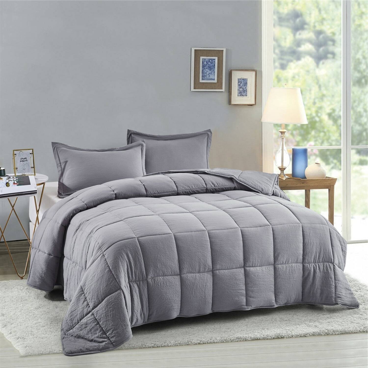 Angle. Hivvago - Full/Queen Traditional Microfiber Reversible 3 Piece Comforter Set in Grey - Grey.