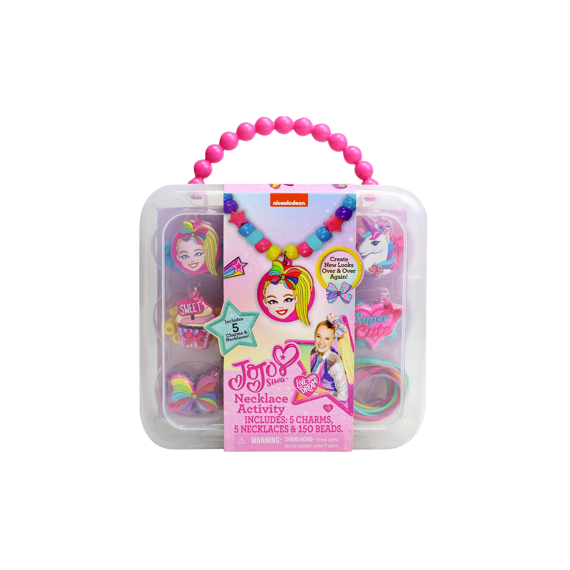 The image features a pink box containing a variety of items, including a charm necklace, stickers, and beads. The box is labeled with the name "JOY JOY JOY" and is designed for children to engage in creative play and create new looks. The box also includes a booklet with instructions and ideas for using the items. The box is filled with different colors and items, making it a fun and engaging toy for kids.