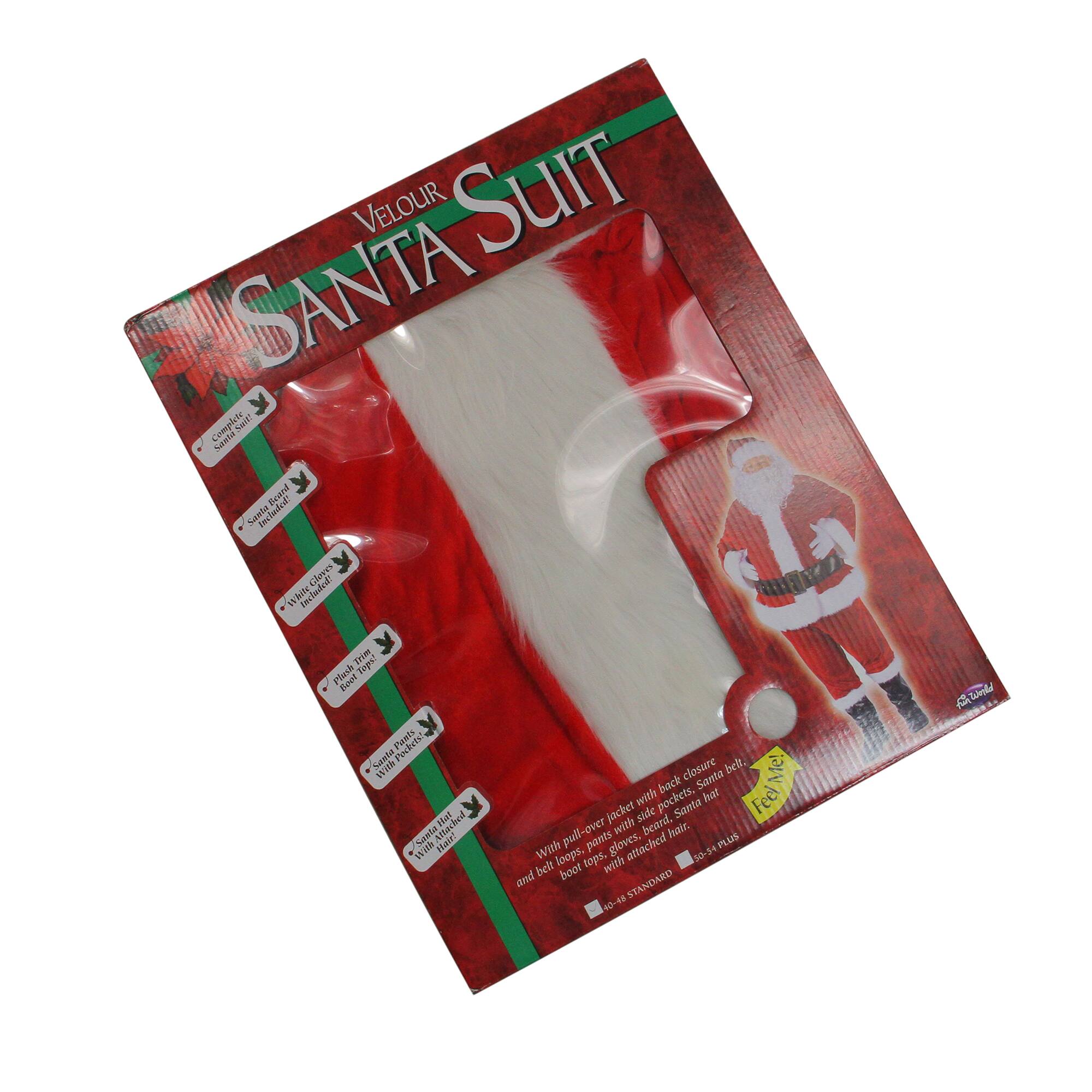 Velour Santa Suit

- Comfortable soft velour
- Santa beard included
- Santa hat included
- Pull-over jacket with back closure
- Santa belt included
- Santa gloves included
- Boots with attached loops
- Santa hair included
- Santa beard included
- Santa hat included

Features:
- Pull-over jacket with back closure
- Santa belt included
- Santa gloves included
- Boots with attached loops
- Santa hair included
- Santa beard included
- Santa hat included

Size: 38-54 Standard

Includes:
- Velour Santa Suit
- Santa Hat
- Santa Beard
- Santa Belt
- Santa Gloves
- Boots with attached loops
- Santa Hair

Made in China