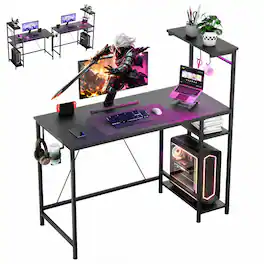 AWPLAY - 42" Gaming Desk with Reversible Storage Shelves Ergonomic LED Lights Computer Desk - Black