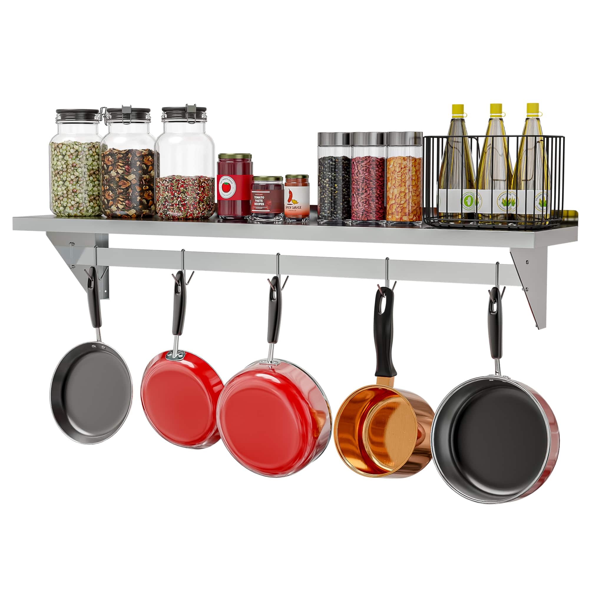 Koolmore - 12" x 60" 18-Gauge Heavy Duty Wall Shelf with Pot Rack, WMPS-1260 - Stainless-Steel