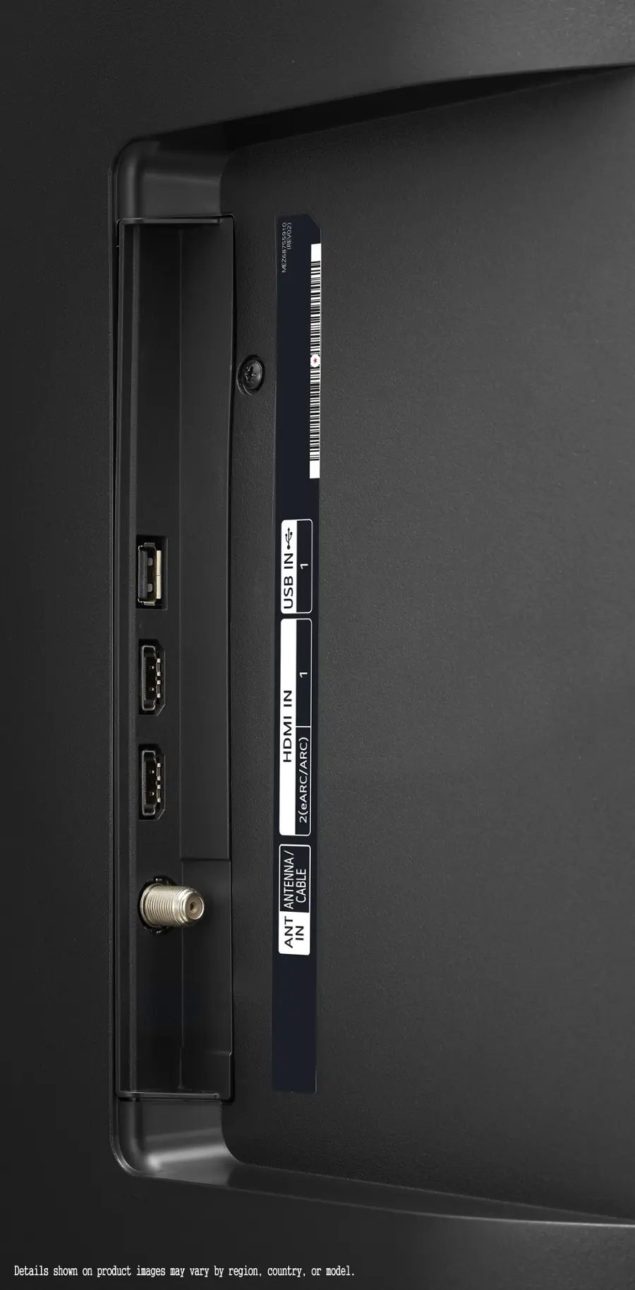 The text on the image reads: "ME2679910 CCARO  IN USB 1 1 IN HDMI 2 (eARC/ARC) ANTENNA/ CABLE ANT IN Details shown on product images may vary by region, country, or model."