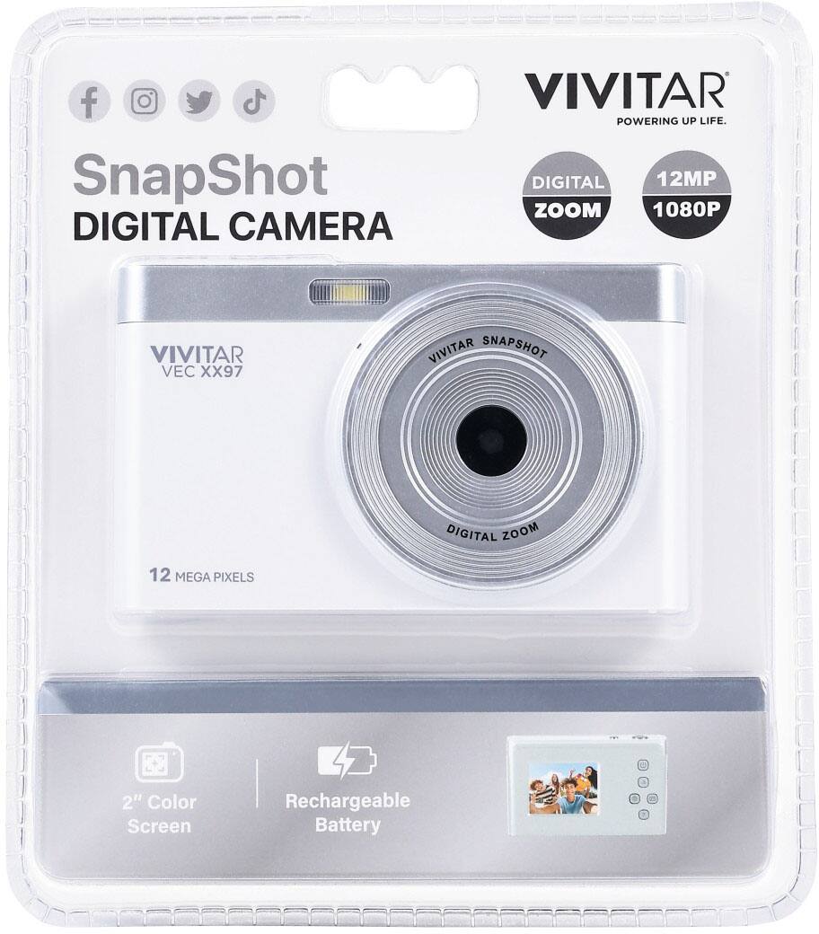 SnapShot DIGITAL CAMERA  
VIVITAR POWERING UP LIFE. DIGITAL 12MP ZOOM 1080P  
VIVITAR VEC XX97  
VIVITAR SNAPSHOT  
12 MEGA PIXELS  
DIGITAL ZOOM  
2" Color Screen  
Rechargeable Battery